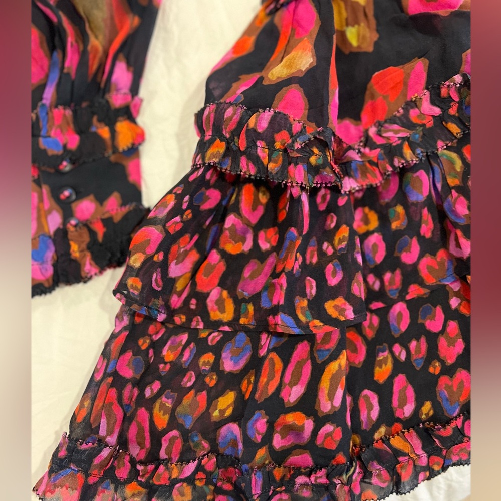 Farm Rio Iridescent Leopard Print Mini Dress With Ruffled DetailsLong SleevesNWT - Picture 6 of 10